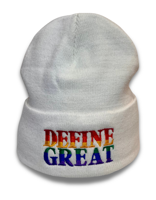 Load image into Gallery viewer, DEFINE GREAT Embroidered Cuffed Beanie (Pride)
